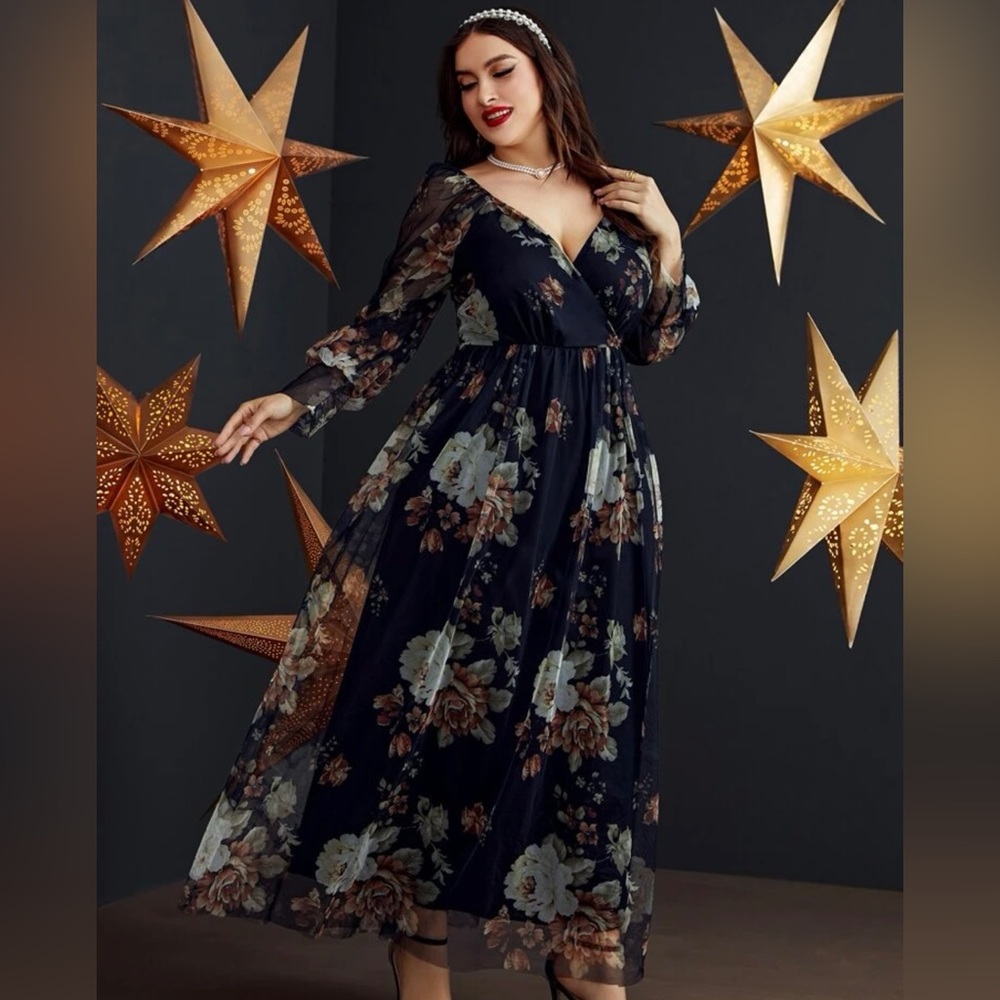 Plus Random Floral Print Overlap Collar Bishop Sl… - image 4